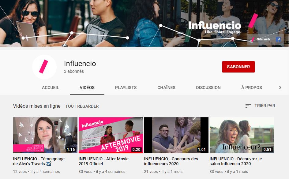 page youtube de influencio