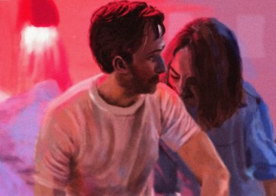 dessin d'un plan du film la la land où l'on voit un couple assis sur un lit